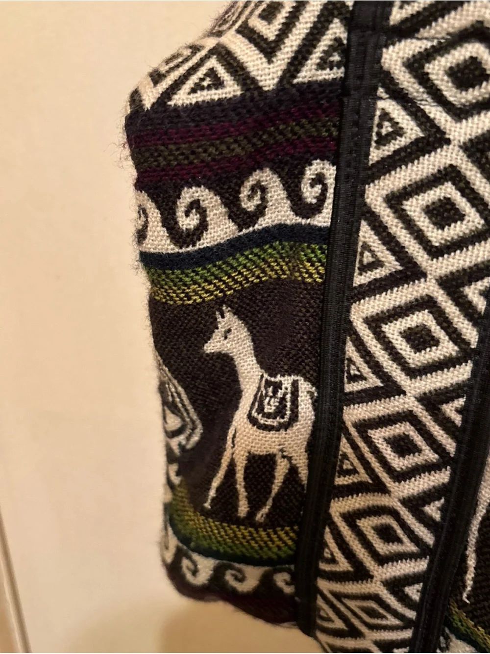 Indigenous Tribal Print Duffel Bag - Black, Cream & Burgundy with animal/lamas.